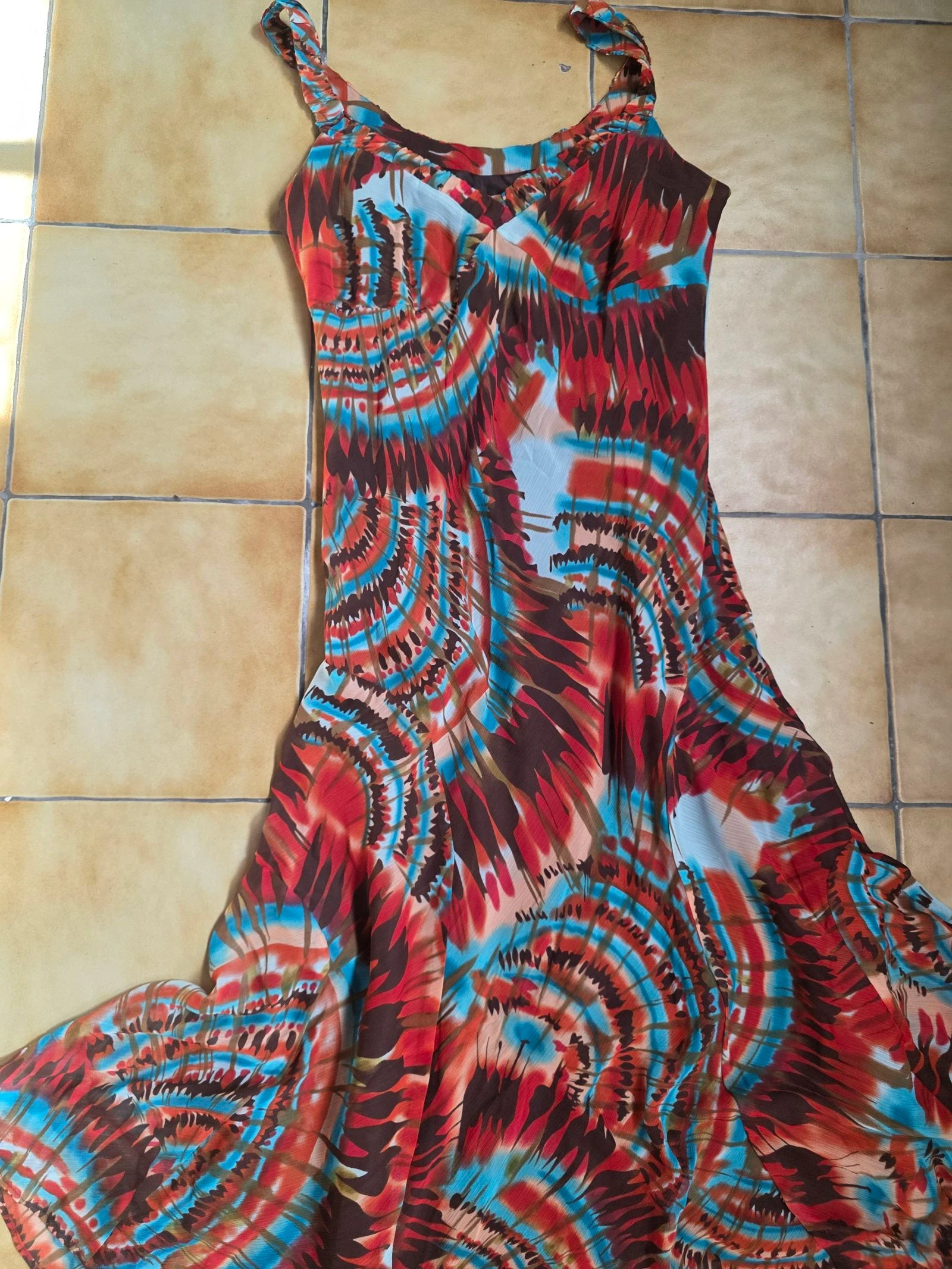 Lange vloeiende jurk met psychedelisch motief / tie-dye Y2K vintage bohemien trend maat 40/42 – photo 4